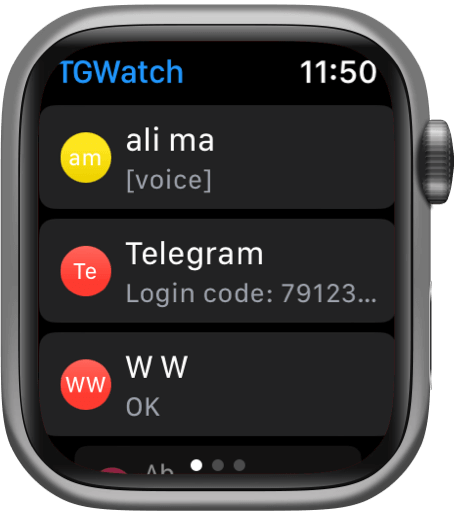 lista de chats de Telegram en Apple Watch, lista de chats recientes y lista de contactos